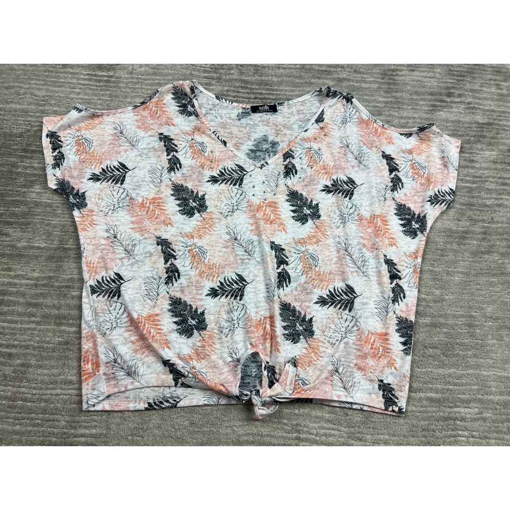 Wallis Top Womens Small White Coral Tropical Leaf Cold Shoulder Tie Front V-Neck